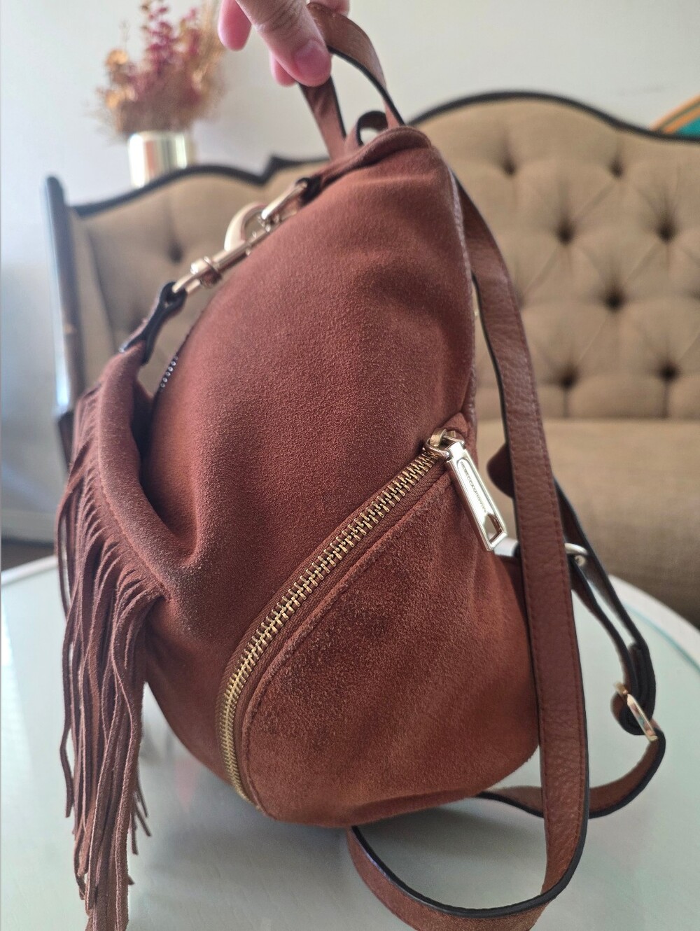 $348 Rebecca Minkoff Julian Fringe Backpack Brown Suede Concert Boho - Picture 8 of 15